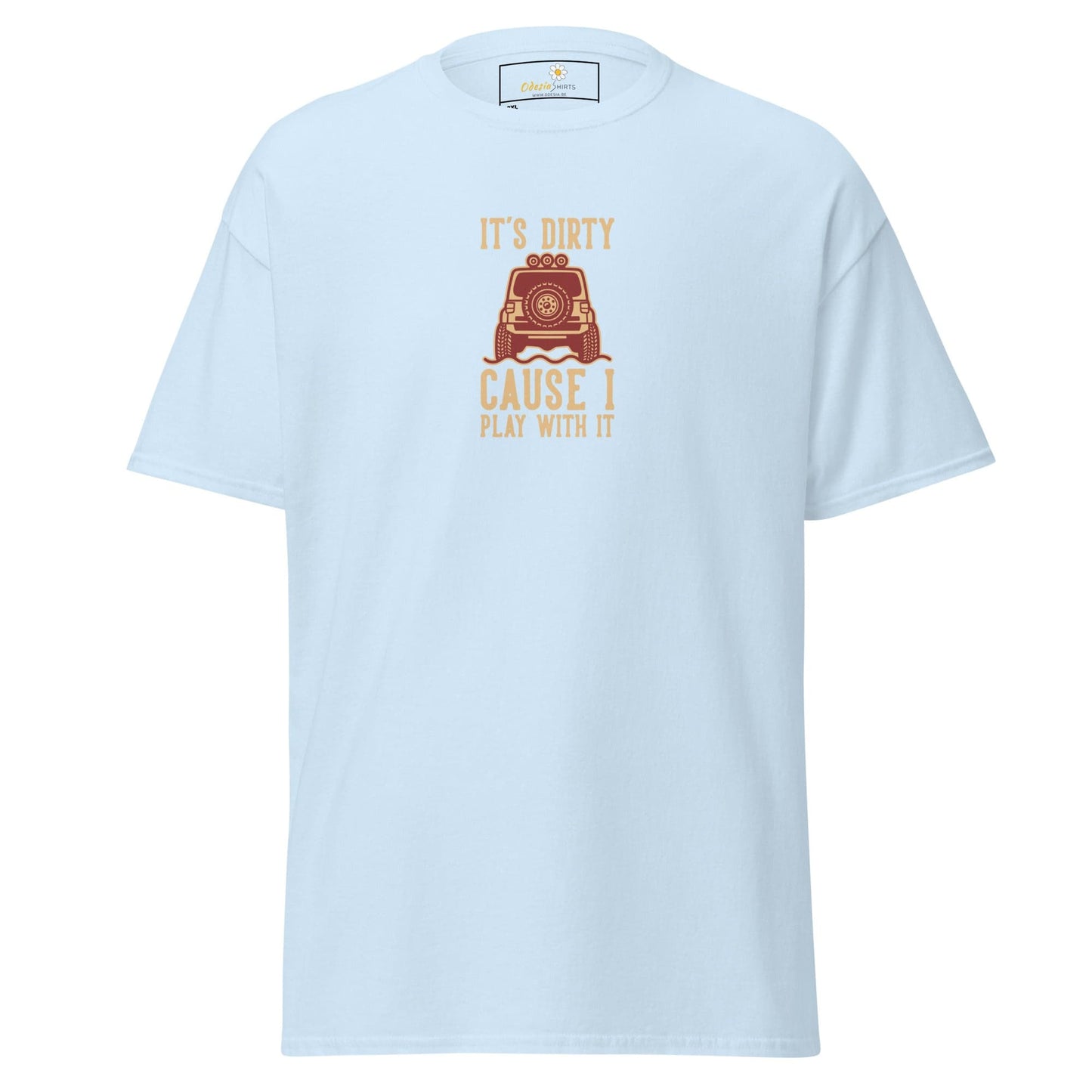 Light blue t-shirt with off-road vehicle graphic.