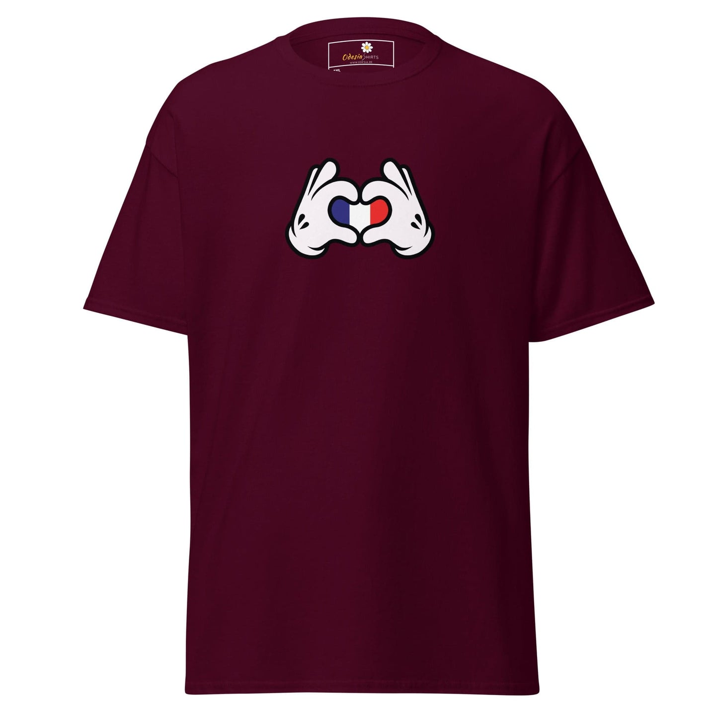 Maroon t-shirt with cartoon hands forming a heart.