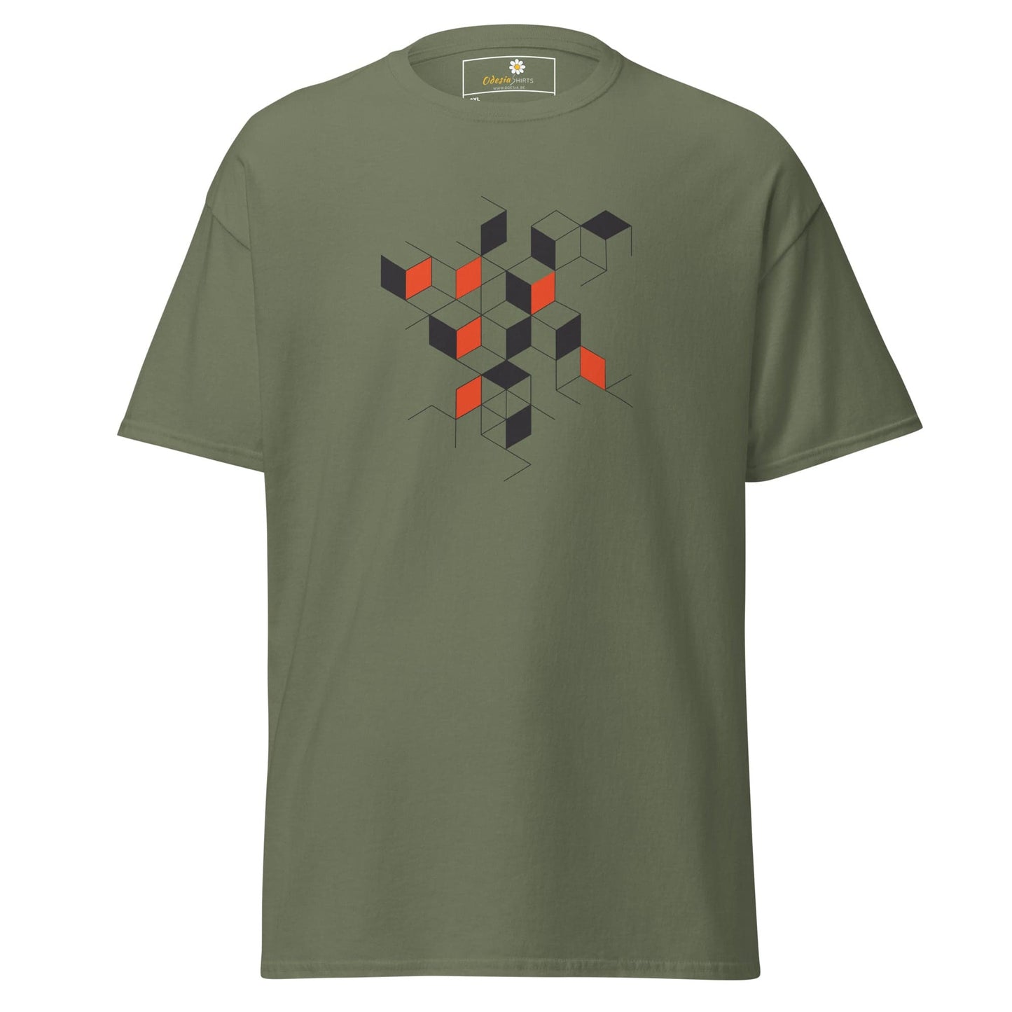 Olive green T-shirt with geometric cube design for men and women in 2XL to 5XL sizes