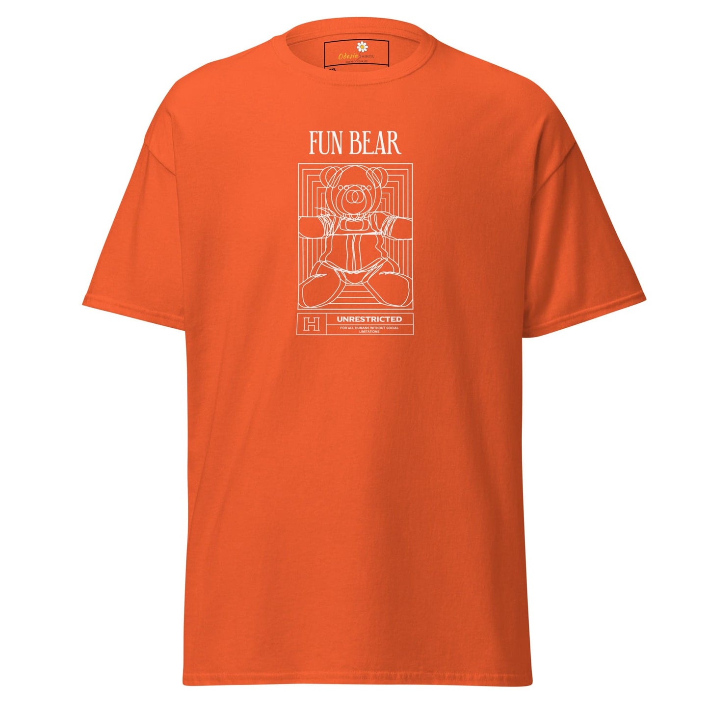 Orange t-shirt with a bear graphic.