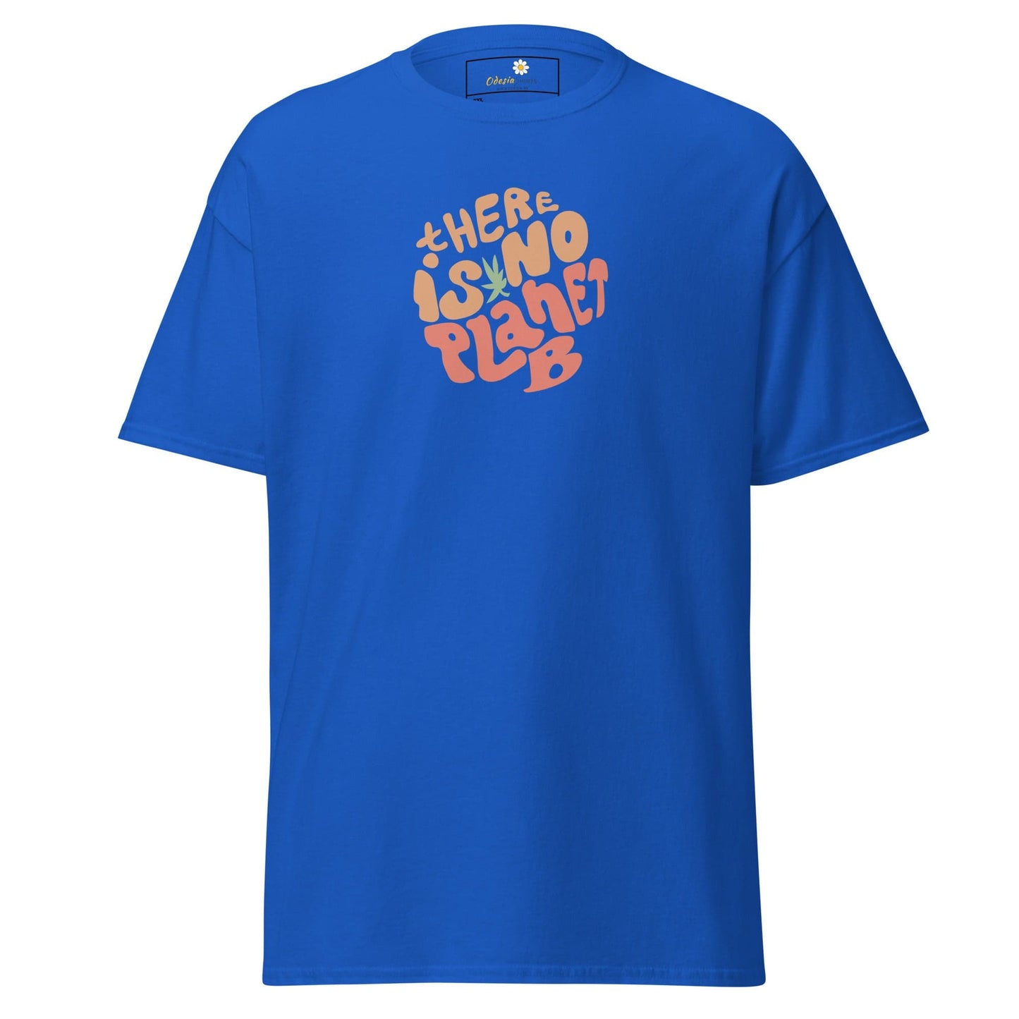 Blue t-shirt with ’There is no planet B’ graphic.