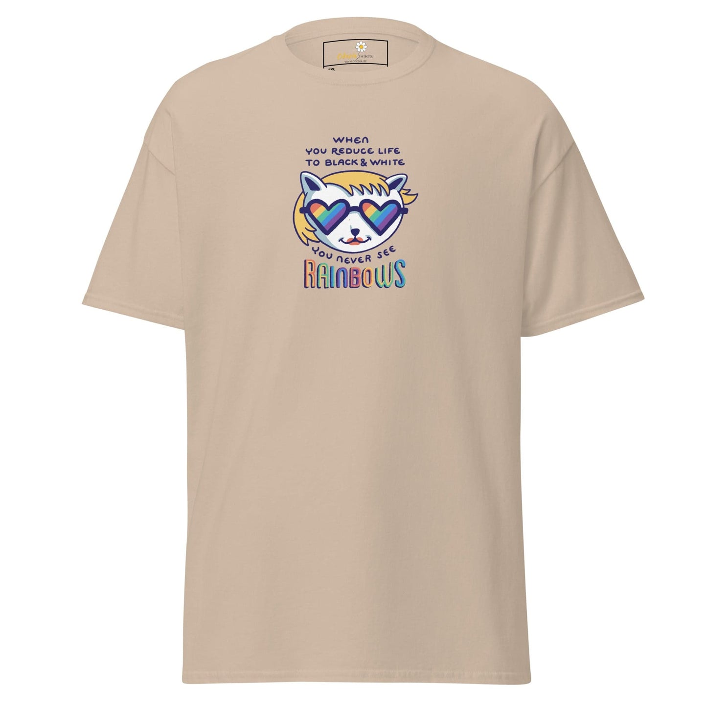 Beige T-shirt with colorful graphic design for men and women in 2XL to 5XL sizes