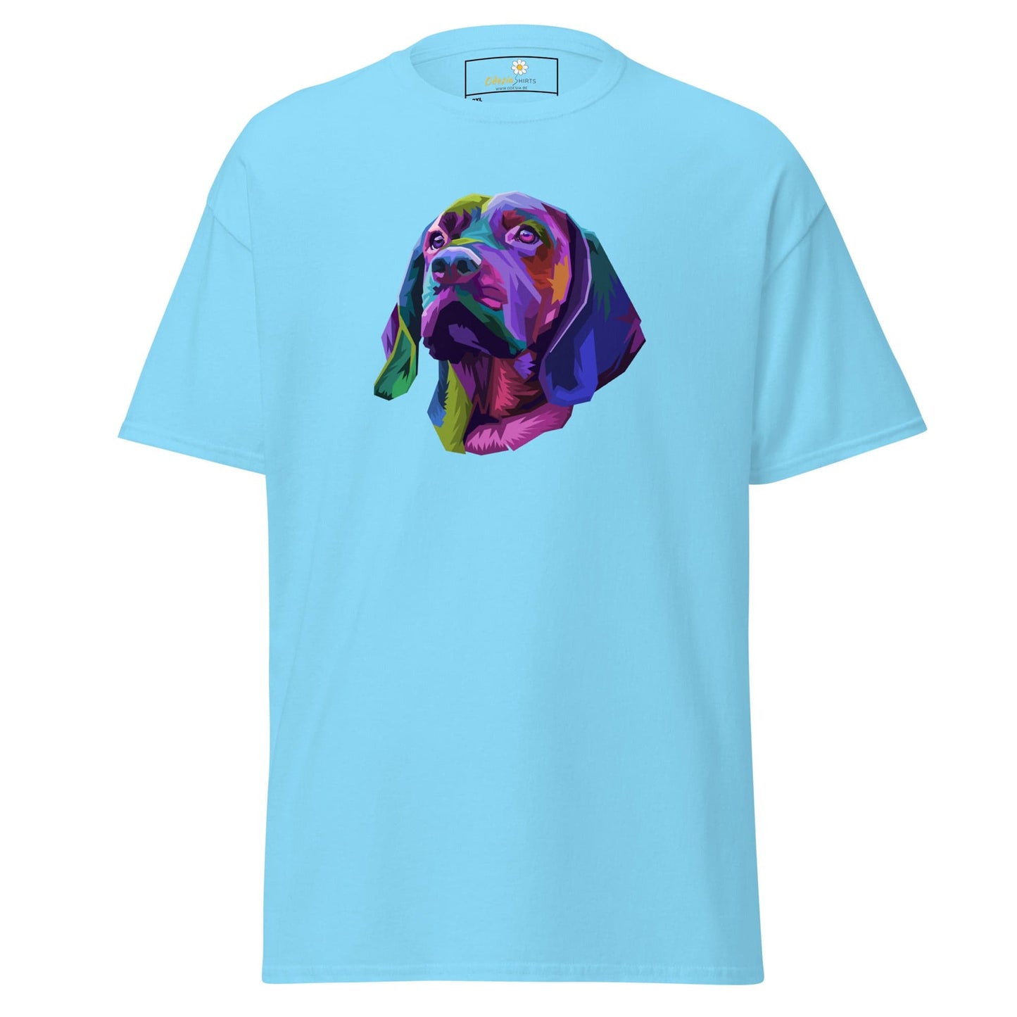 Light blue T-shirt with colorful dog portrait for Men and Women in 2XL to 5XL sizes