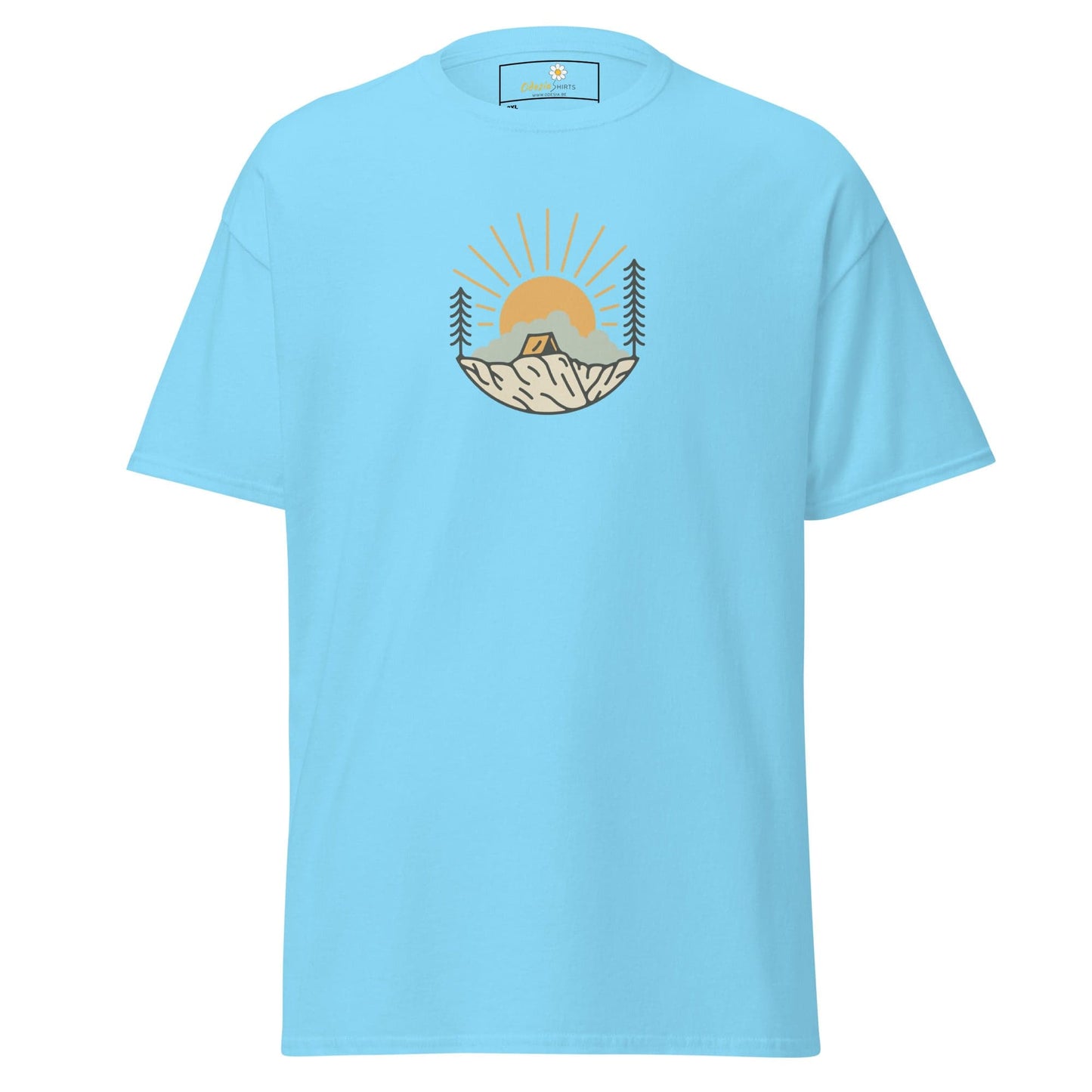 Light blue t-shirt with camping graphic.