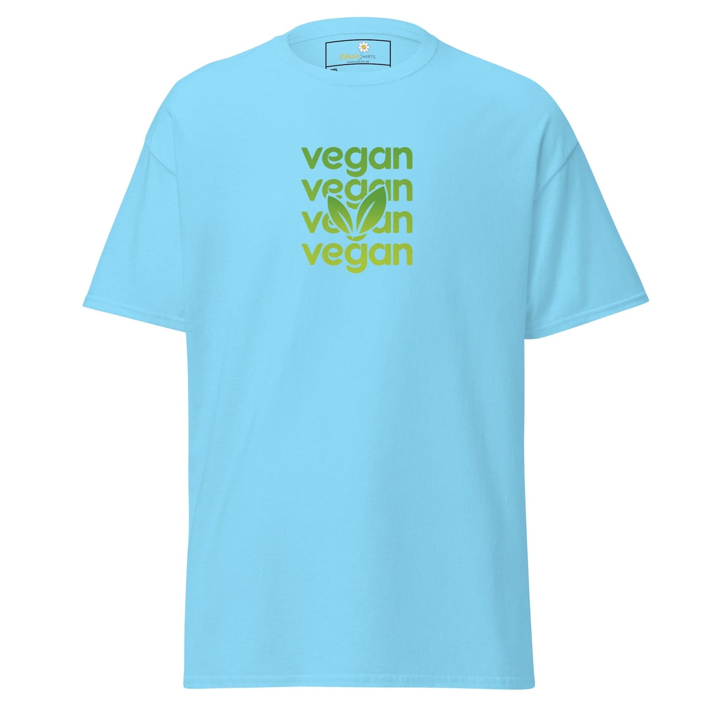 Light blue vegan T-shirt for men and women, available in 2XL to 5XL sizes