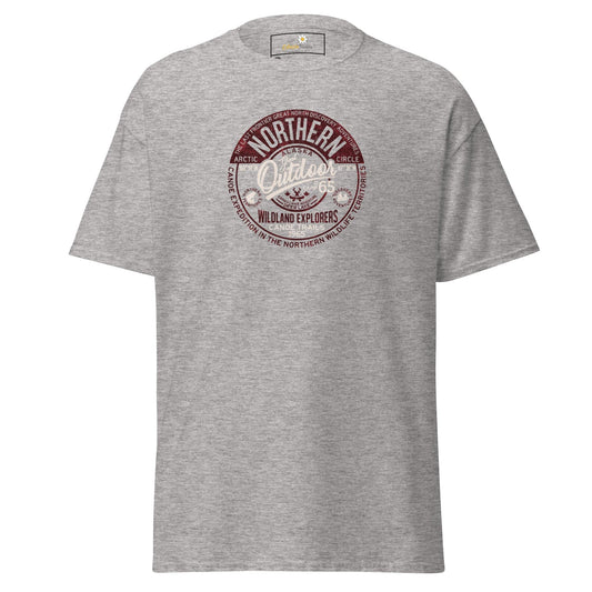 Gray t-shirt with a circular graphic.