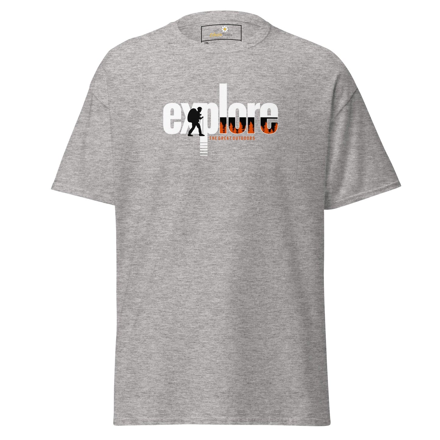 Gray t-shirt with ’Explore’ graphic.