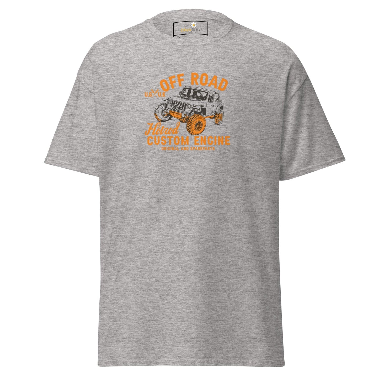 Gray t-shirt with off-road vehicle graphic.